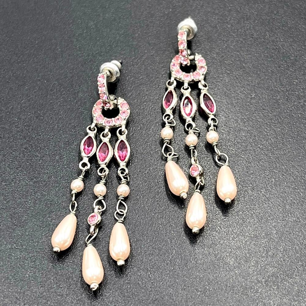 Monet Pink Pave Rhinestone Faux Teardrop Pearls Dangle Chandelier Earrings